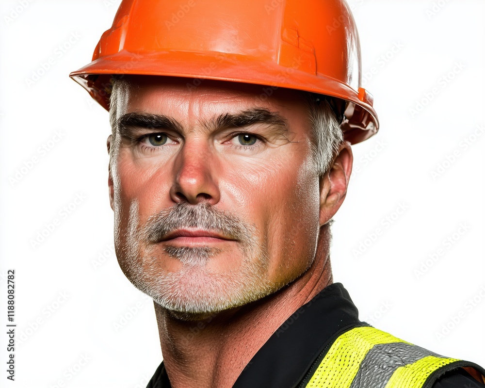 Man in Safety Helmet and Vest with Serious Expression in Studio Man in Safety Helmet and Vest with Serious Expression in Studio