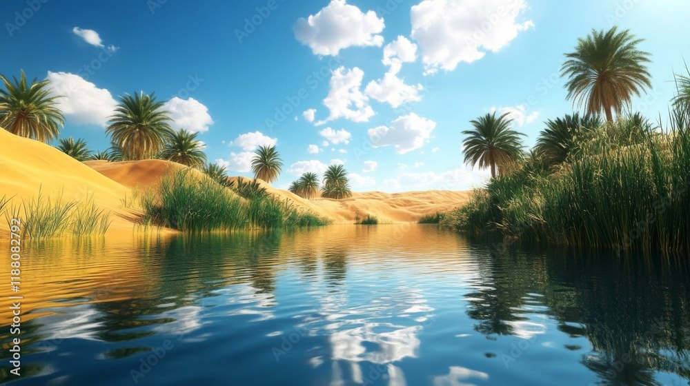 Serene Oasis Amidst Golden Desert Sands And Lush Palm Trees Serene Oasis Amidst Golden Desert Sands And Lush Palm Trees