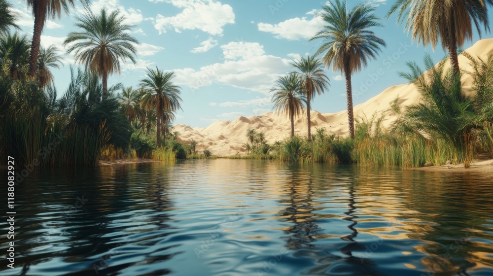 Oasis River Palm Trees Desert Landscape Oasis River Palm Trees Desert Landscape