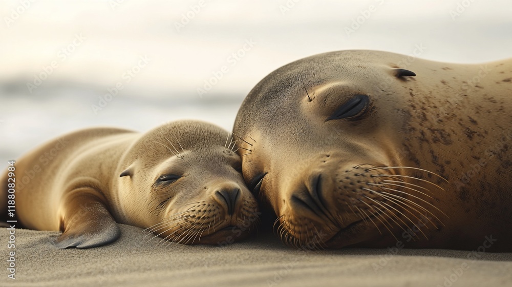 Fototapeta premium Mother sea lion and pup sleeping peacefully on sandy beach.