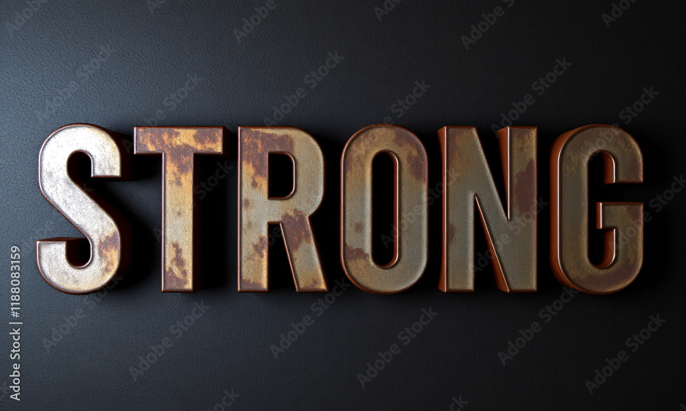 Naklejka premium The word 'STRONG' in industrial-style 3D metallic letters with rust textures