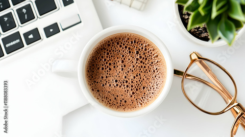 Coffee break Workplace desk, laptop, eyeglasses, succulent, coffee cup