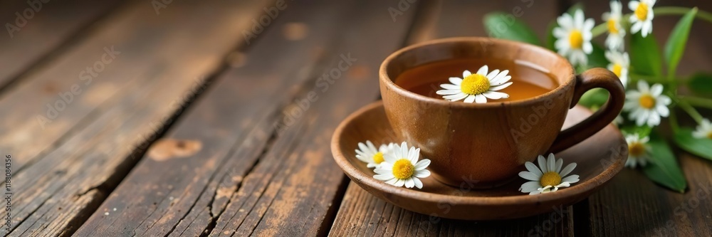 Soothing tea in a rustic wooden cup on a worn wooden table, chamomile, peaceful, rustic Soothing tea in a rustic wooden cup on a worn wooden table, chamomile, peaceful, rustic