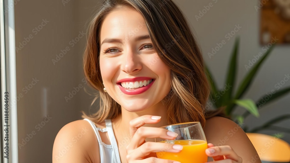 Beautiful woman with long brunette hair smiling while holding a glass of fresh orange juice in the morning sunlight, enjoyment, happiness, cheerful Beautiful woman with long brunette hair smiling while holding a glass of fresh orange juice in the morning sunlight, enjoyment, happiness, cheerful