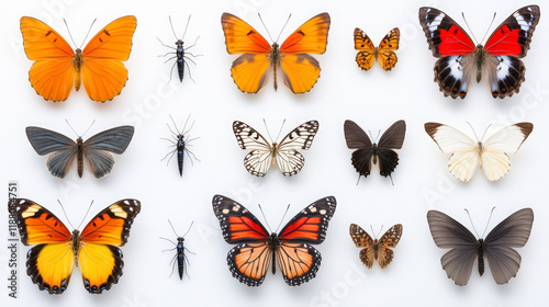 Colorful butterfly and insect collection displayed on a white background, showcasing diverse species and vibrant natural beauty. Entomology exhibit. photo