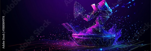 Abstract polygonal ship sinking in vibrant purple and blue water.