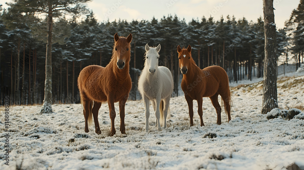 Three horses stand in snowy field, winter forest background, idyllic equine scene, perfect for calendar or postcard Three horses stand in snowy field, winter forest background, idyllic equine scene, perfect for calendar or postcard
