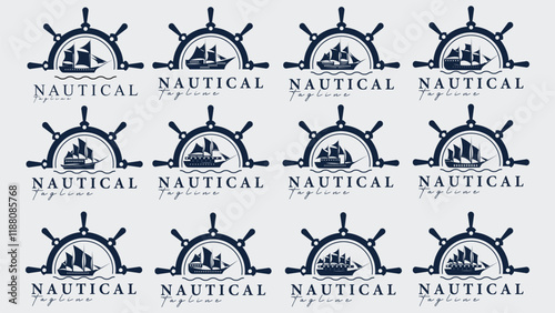 collection of steering wheel ship wave logo vector illustration design