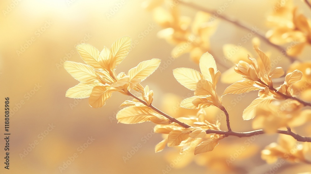 Golden hour sunlight illuminating delicate yellow spring leaves on a tree branch.