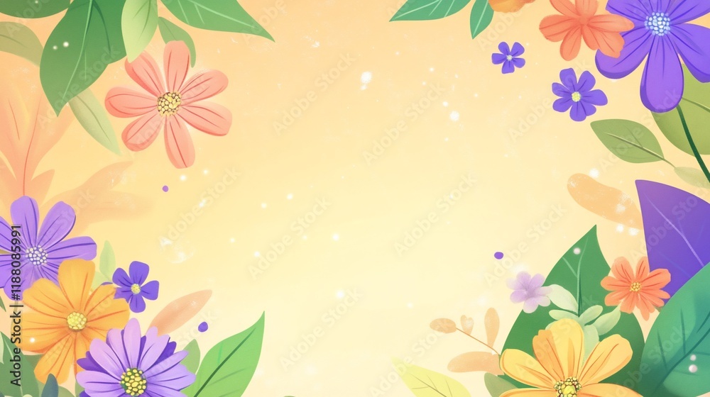 Obraz premium Vibrant floral frame with colorful flowers and leaves on a soft orange background.