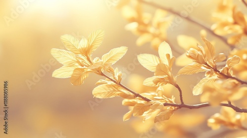 Obraz na płótnie Golden hour sunlight illuminating delicate yellow spring leaves on a tree branch. w salonie