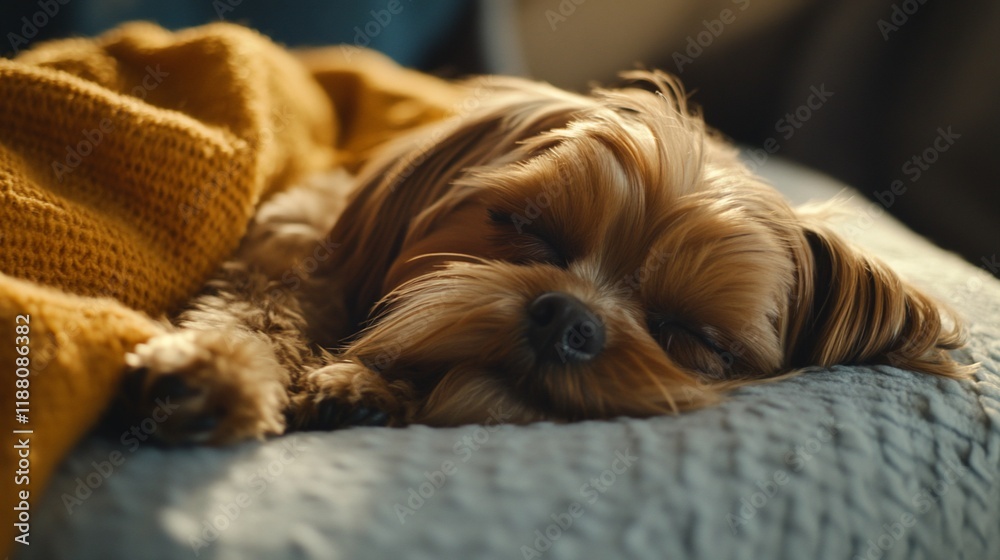 Adorable small dog peacefully sleeping under a cozy yellow blanket. Adorable small dog peacefully sleeping under a cozy yellow blanket.