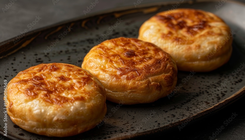 Three golden-brown pastries on a dark oval plate. Three golden-brown pastries on a dark oval plate.