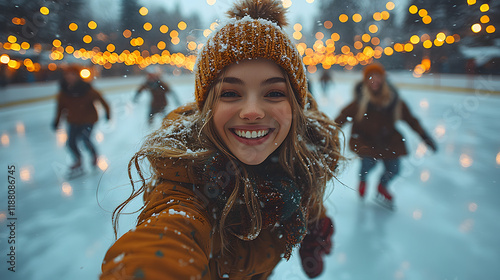 Happy woman ice skating selfie with friends at winter market.