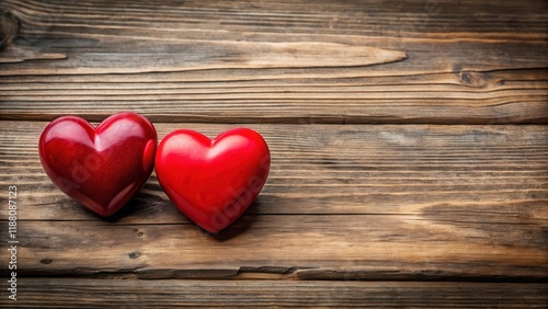 Valentine's Day Background with Two Red Hearts on Wooden Surface, sweet gesture