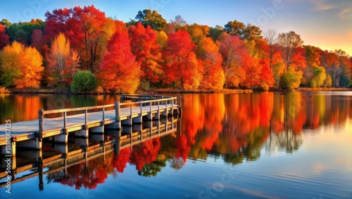 A serene fishing pier at sunset with trees changing colors in autumn hues and a reflection of vibrant red leaves on the calm water, warm light, fall foliage photo