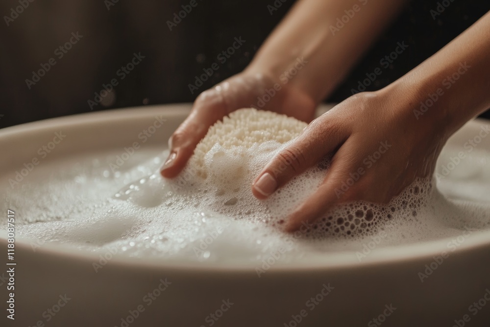 Hands Washing with Sponge in Soapy Water for Cleanliness and Hygiene Hands Washing with Sponge in Soapy Water for Cleanliness and Hygiene