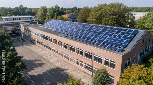 Aerial view of a building with solar panels on its roof.