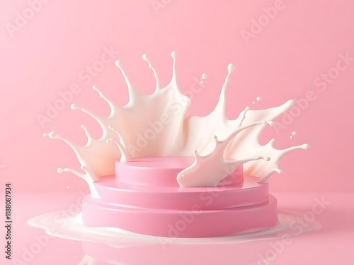 3D render of a vibrant pink product podium surrounded by splashes of creamy white liquid