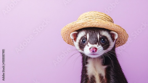 Cute ferret wearing a straw hat against a purple background. (2)