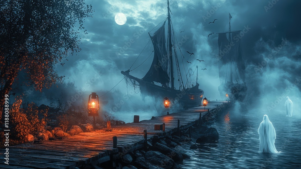 Fototapeta premium Mysterious Night Scene with Ghostly Figures and Sailboats on Water