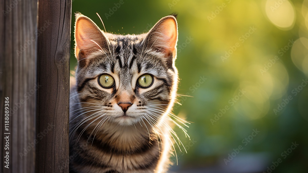 Fototapeta premium Alert Tabby Cat with Green Eyes on Fence Post