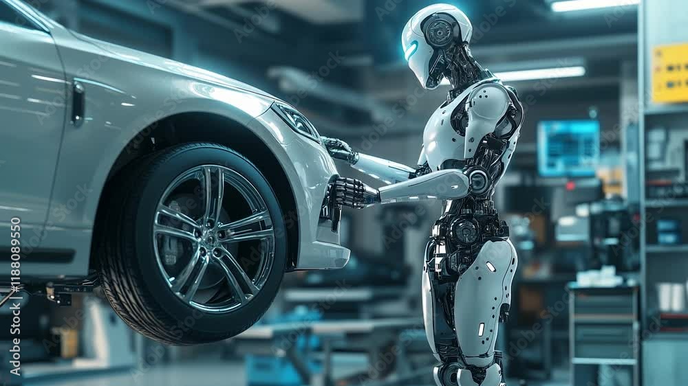 Humanoid robot conducting mechanical adjustments on a car in a modern auto shop, showcasing AI-driven precision in automotive maintenance. Video made using Generative AI