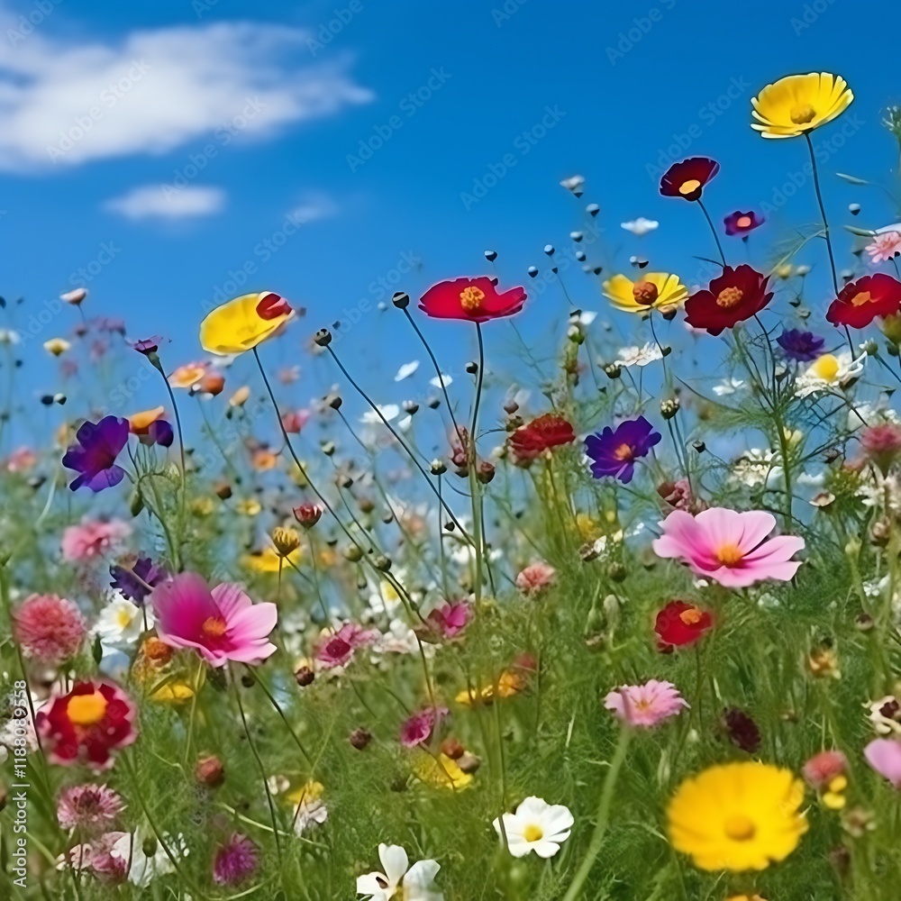 Fototapeta premium Vibrant wildflowers bloom brightly under a summer sky