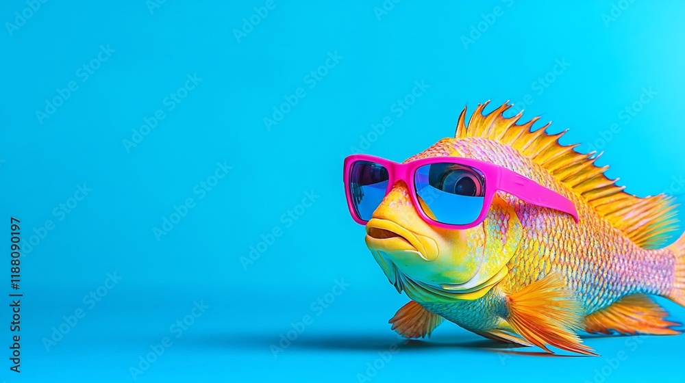 Naklejka premium Colorful cartoon fish wearing pink sunglasses against a blue background.