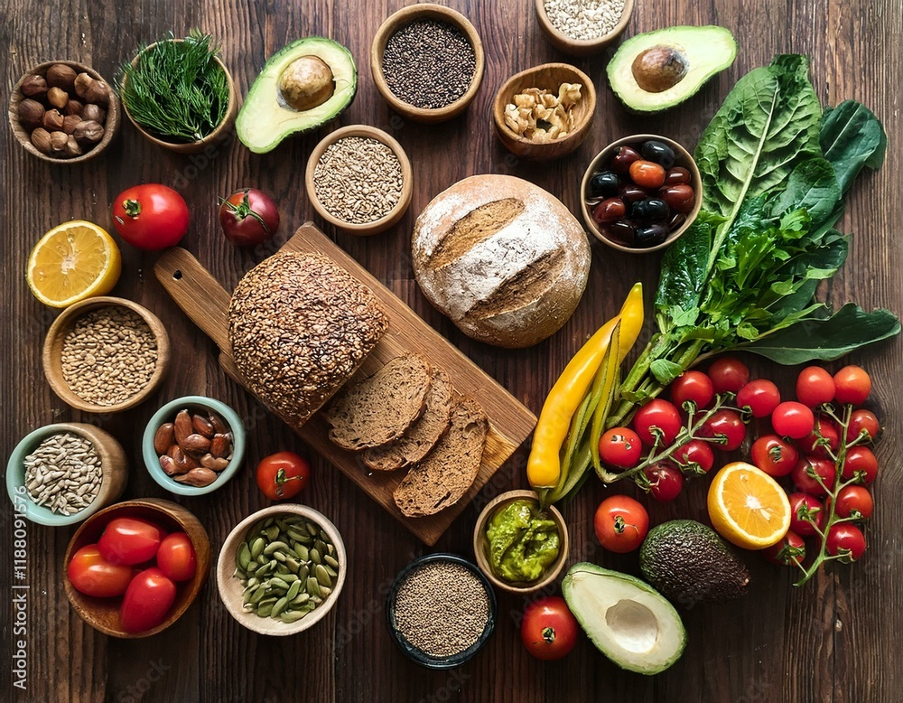An overhead shot of a wooden table filled with colorful fresh produce, grains, and herbs. Highlights include avocados, cherry tomatoes, leafy greens, and rustic bread. healthy eating An overhead shot of a wooden table filled with colorful fresh produce, grains, and herbs. Highlights include avocados, cherry tomatoes, leafy greens, and rustic bread. healthy eating