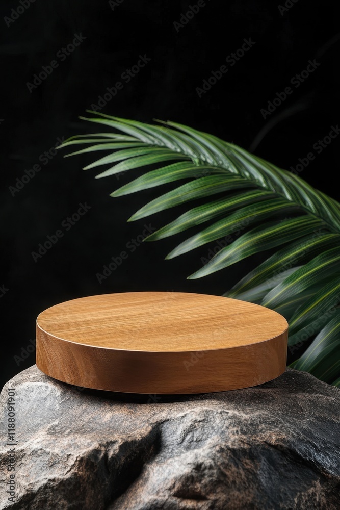 Elegant round wooden podium set on natural rocks with palm leaves in a minimalist design against a dark background Elegant round wooden podium set on natural rocks with palm leaves in a minimalist design against a dark background