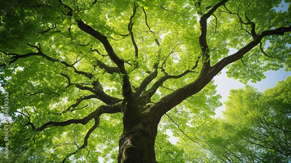 Fototapeta premium Upward View of Towering Beech Tree with Vibrant Green Canopy