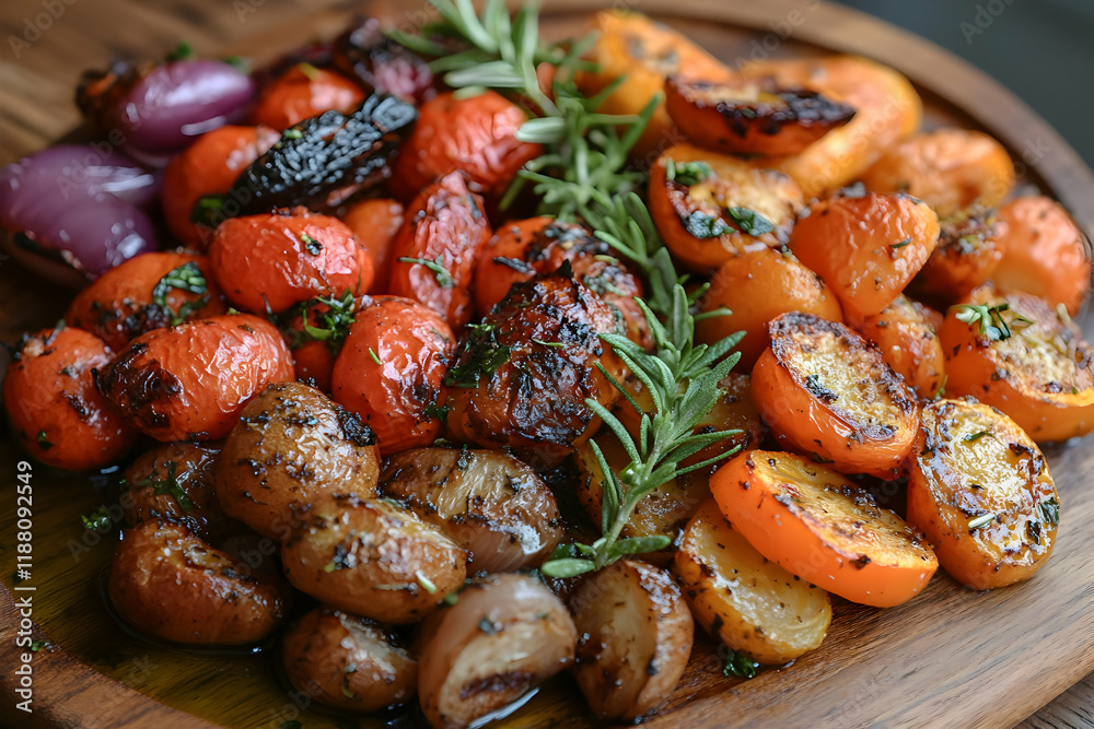 Aromatic Roasted Vegetables with Herbs on Rustic Wooden Board Aromatic Roasted Vegetables with Herbs on Rustic Wooden Board