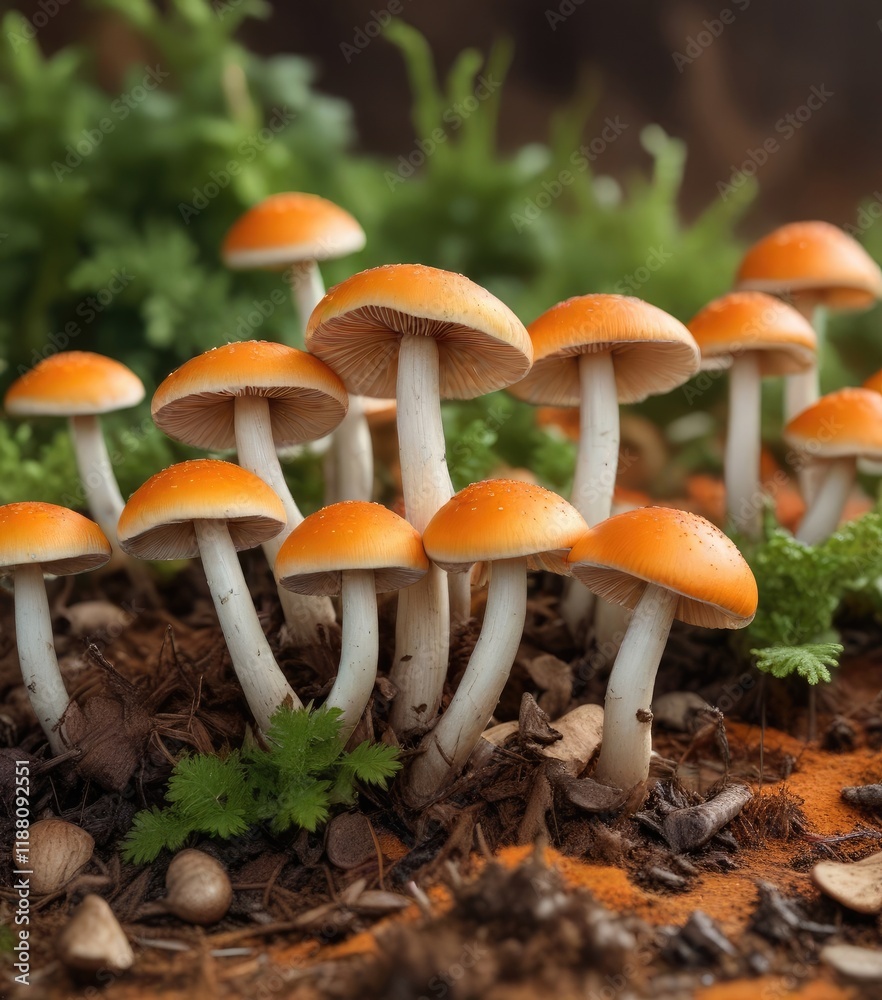A group of champignon mushrooms growing in a patch on an orange background, mushrooms, patch shape, natural A group of champignon mushrooms growing in a patch on an orange background, mushrooms, patch shape, natural