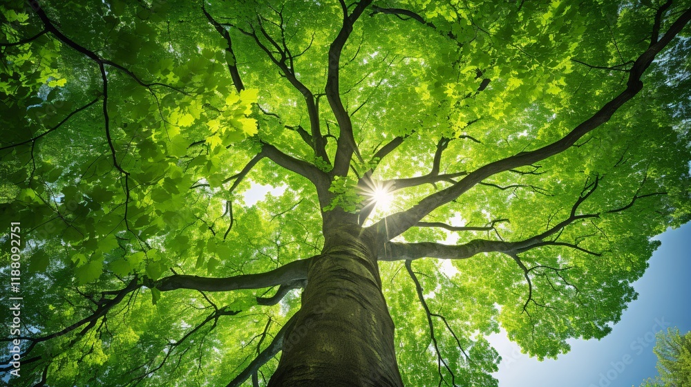 Fototapeta premium Upward View of Towering Beech Tree with Vibrant Green Canopy