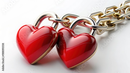 Two red hearts intertwined with a subtle silver chain and a delicate gold lock, forming an inseparable bond , heart connection, couple symbol