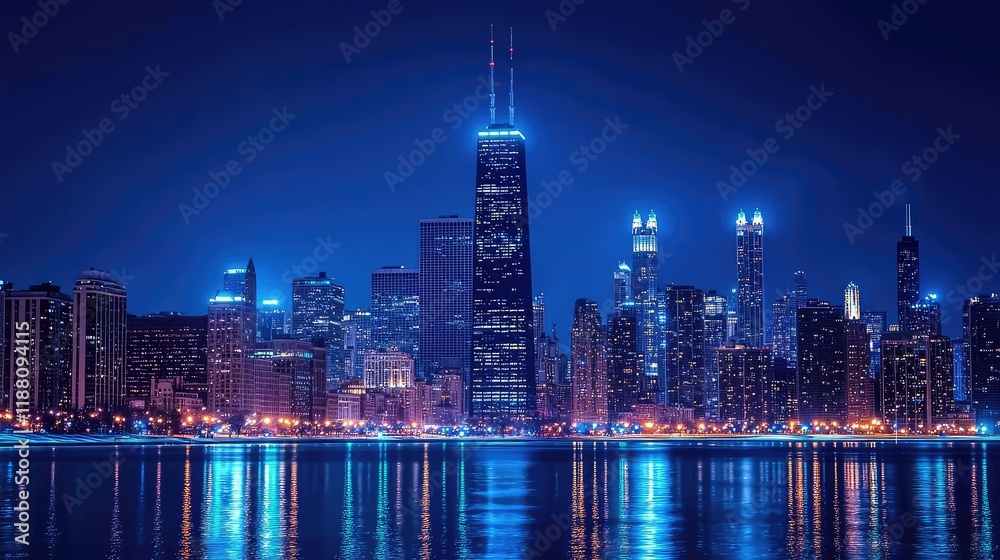 Fototapeta premium Stunning Night Skyline of Chicago with Brilliant Blue Lights