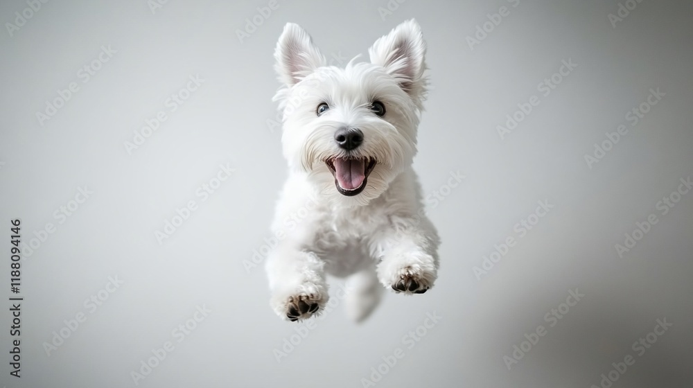 Happy white dog mid-air jump, paws extended, joyful expression. Happy white dog mid-air jump, paws extended, joyful expression.