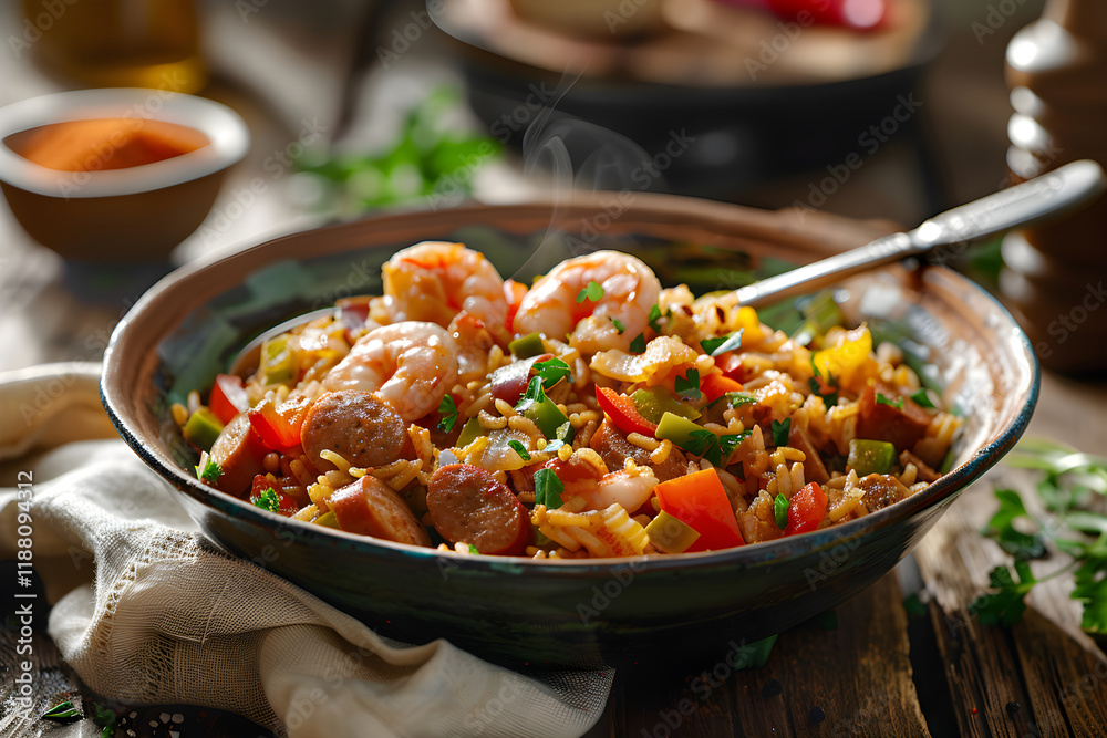 Steaming Jambalaya in a Rustic Kitchen - A Feast of Flavor and Comfort Steaming Jambalaya in a Rustic Kitchen - A Feast of Flavor and Comfort