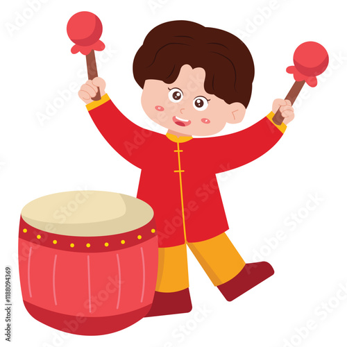 Cheerful Child Playing Traditional Drum