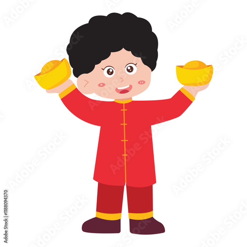 Cheerful Child Celebrating with Gold Ingots