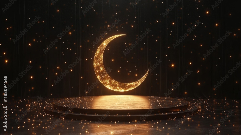 Fototapeta premium Golden Crescent Moon Stage With Sparkling Stars