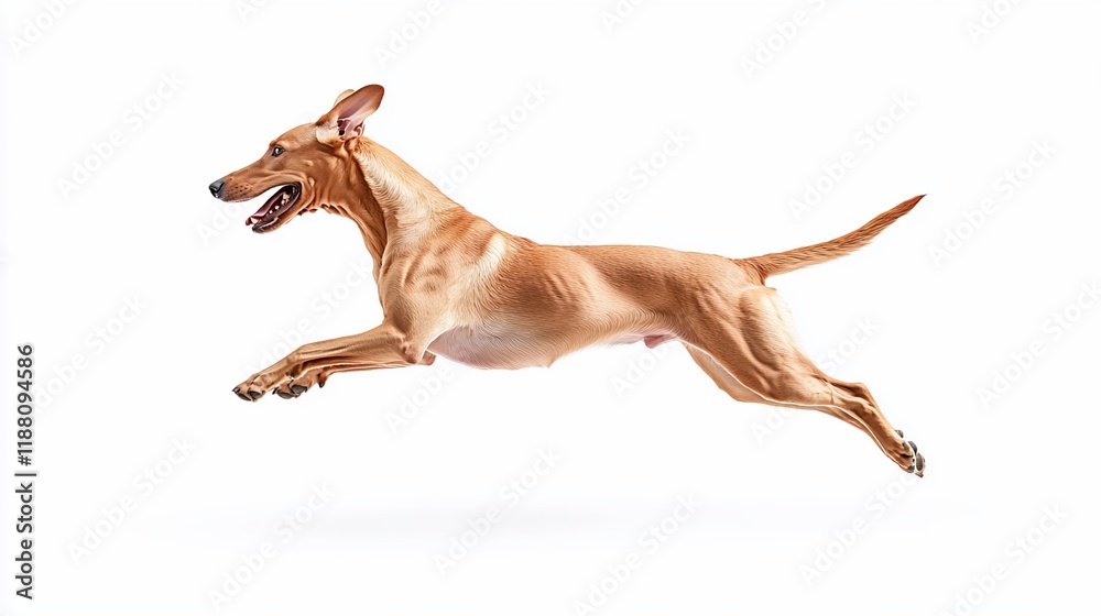 A light brown dog in mid-air, running at full speed against a white background.