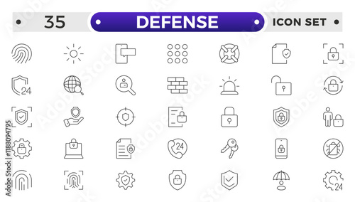 Set of Defense and security web icons in line style. Guard, cyber security, password, smart home, safety, data protection, key, shield, lock, unlock, eye access. Security outline icon set.