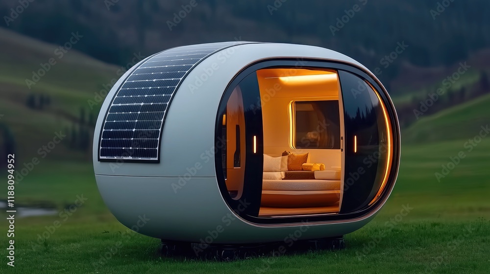 Obraz premium Sustainable living showcase futuristic eco-pod scenic countryside architectural design natural setting eye-level perspective