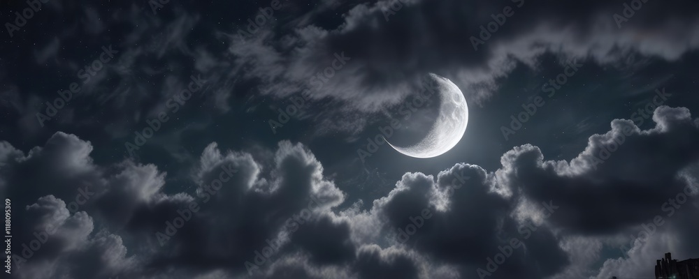 A delicate crescent moon peeking through the gaps in a cloudy night sky, ethereal colors, dreamy scene, A delicate crescent moon peeking through the gaps in a cloudy night sky, ethereal colors, dreamy scene,