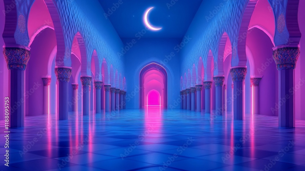 Fototapeta premium Neon Lit Islamic Hallway Leading To Pink Light