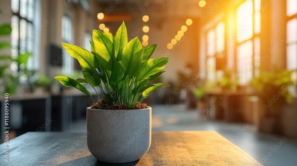 Fototapeta premium Potted plant on office table, sunset through windows.