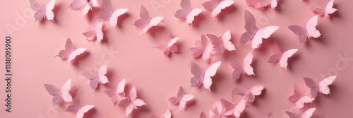 A bouquet of small pink paper butterflies on a pastel pink background with subtle texture, clusters, pastel hues