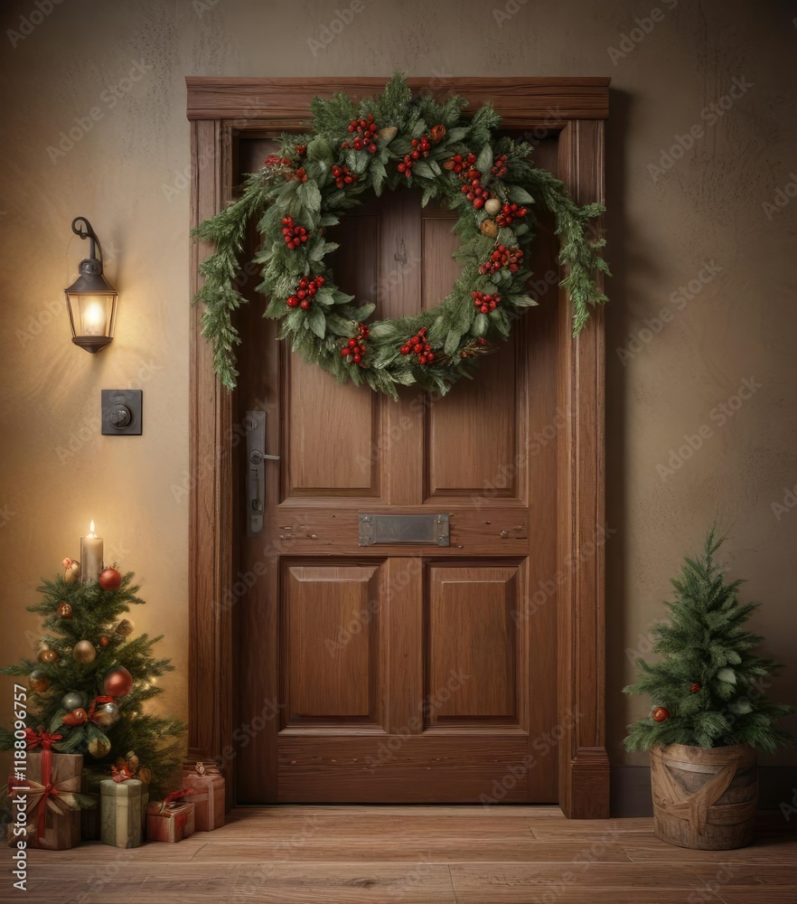 Fototapeta premium A beautifully decorated wooden door with a festive Christmas wreath made from natural elements , holly , festive, decoration